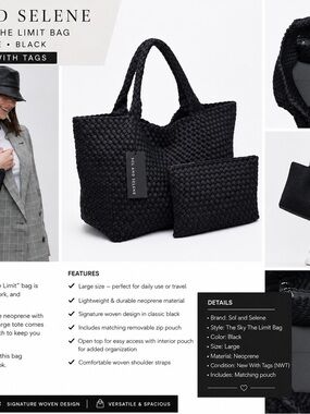 Black Woven Tote Bag with Matching Pouch